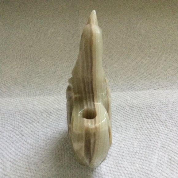 Small carved solid stone bird figurine pen holder onyx green white brown - Picture 4 of 6